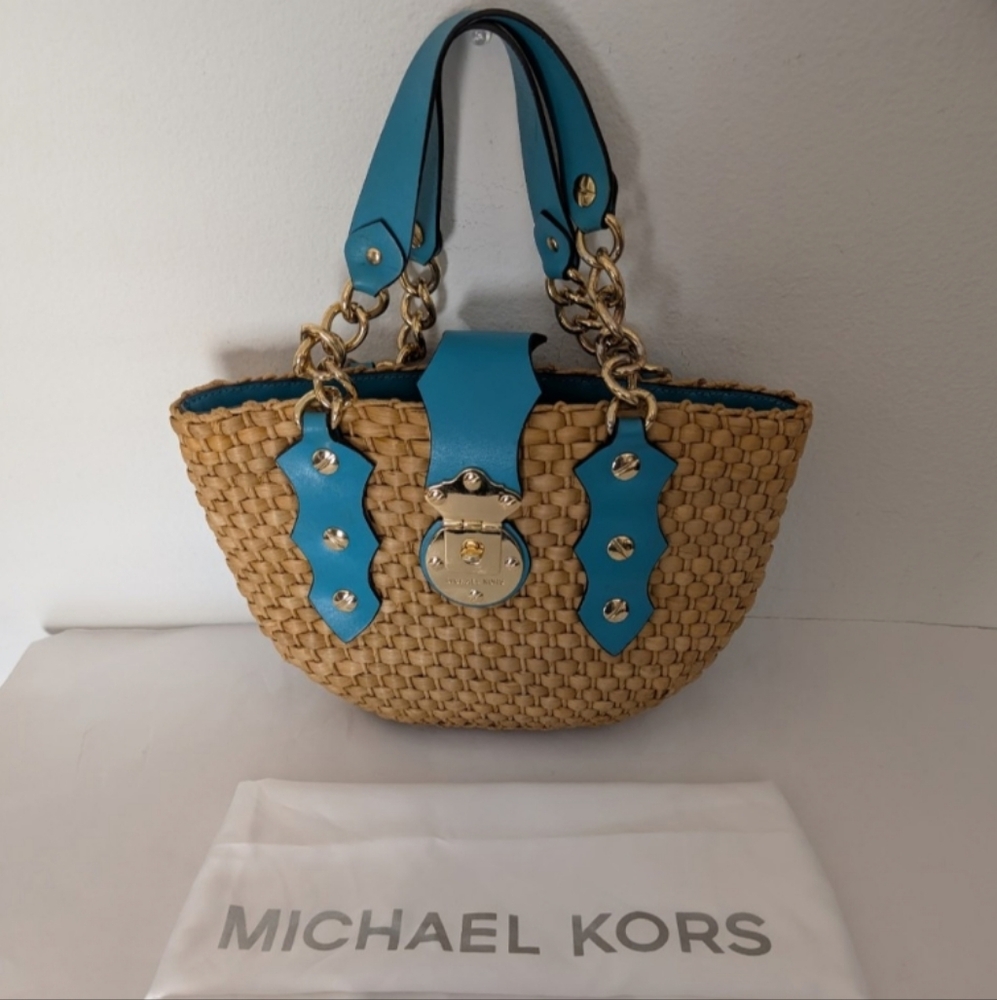 Michael Kors Santorini Straw Handbag Double Teal Leather Gold Chain Straps Rare